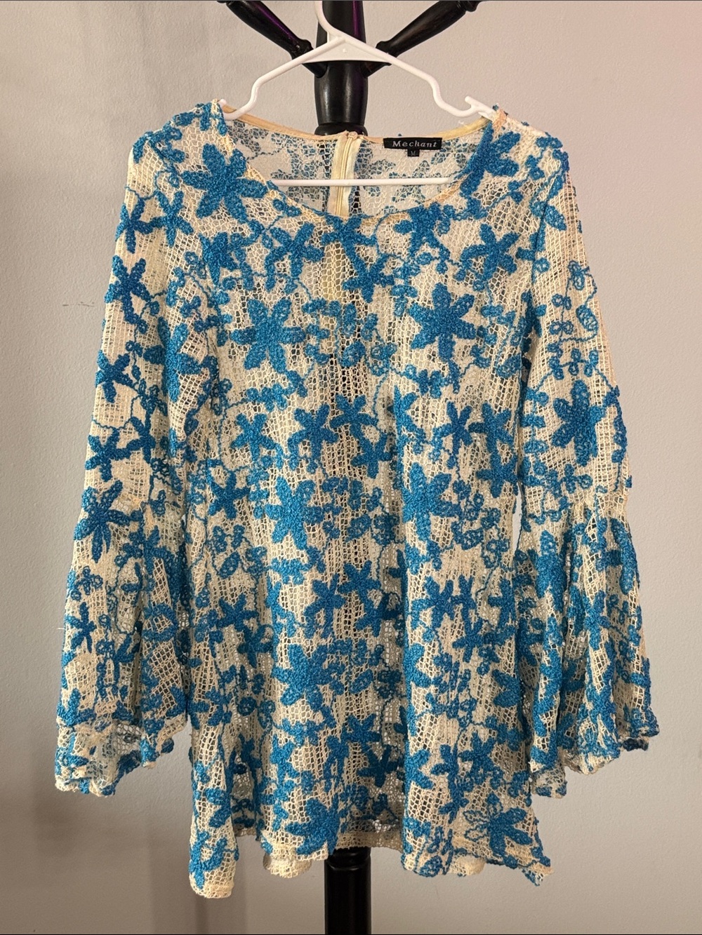 Mechant Cream and Turquoise Blue Floral Crochet Mini Dress 17.2.M